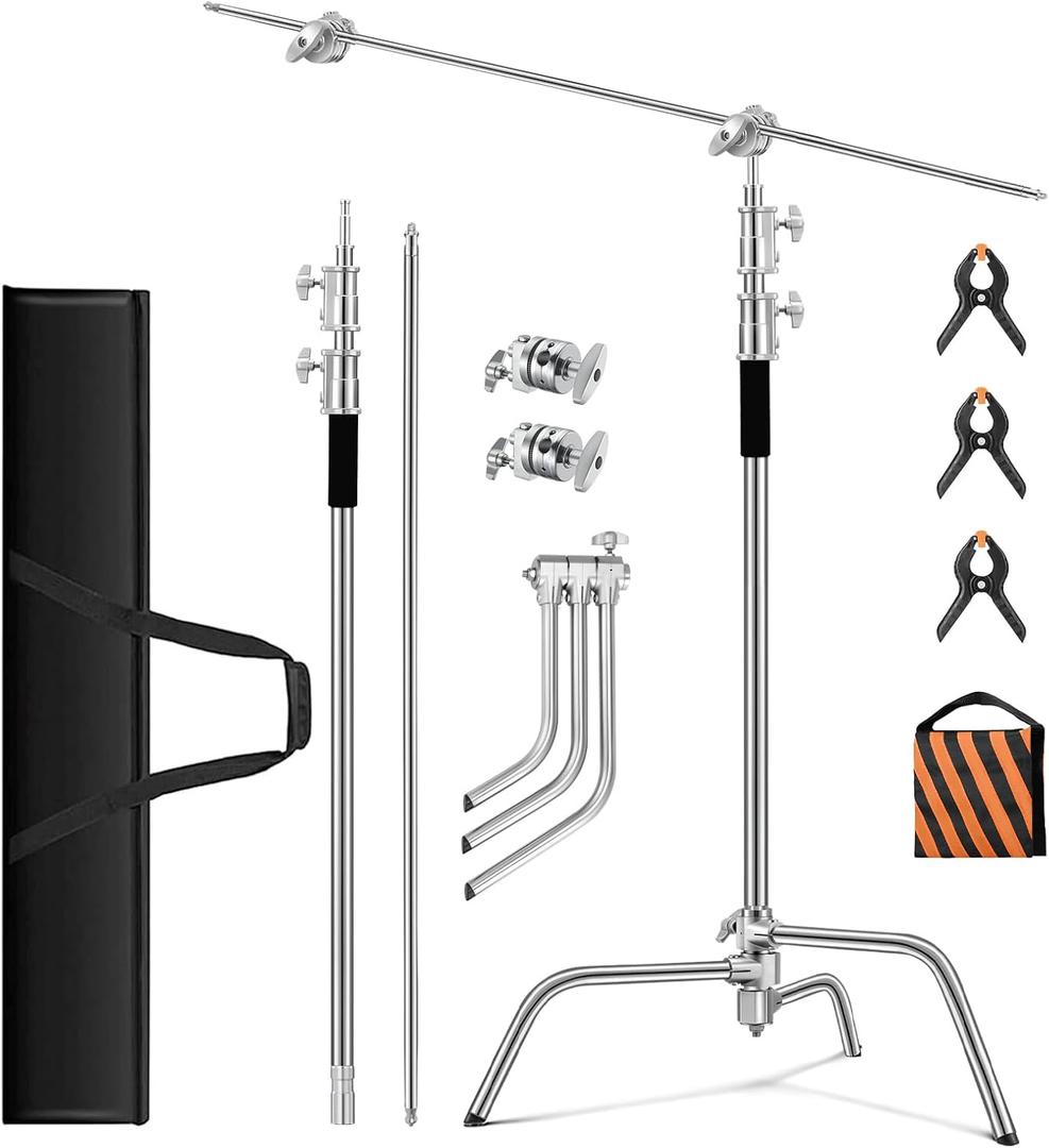 Heavy Duty C Stand 10.8ft/330cm with Boom Arm 100% Stainless Steel Photography Sturdy C-Stand with Carry Bag Sandbag 3*Clip 2*Grip Head for Photography Studio Video Monolight Softbox Shooting