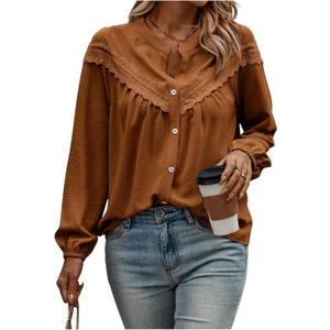 Floerns Women's Lace Eyelet Button Down Peasant Blouses Dressy Casual V Neck Long Sleeve Fall Tops, Large