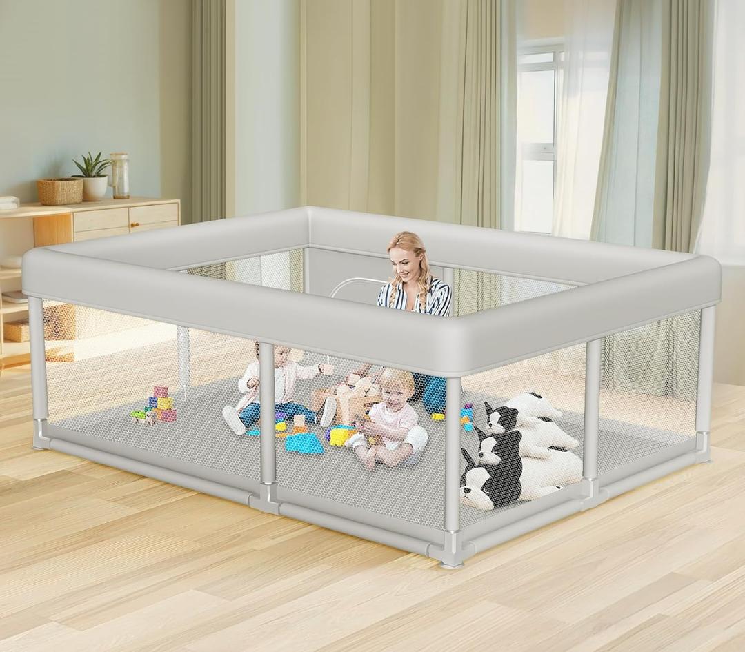 Large Baby Playpen 65x50 Inch, PlayPen for Babies and Toddlers, Sturdy Safety Play Yard for Indoor & Outdoor with Zipper Gates, Anti-Fall (Gery)