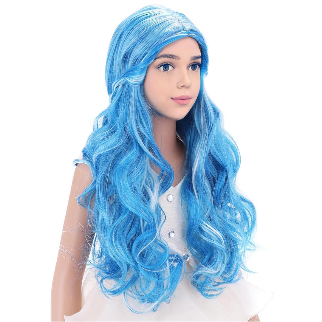 Kids Blue Wig Long Wavy Child Wig Light Blue Wig for Kids Heat Resistant Synthetic Hair Cosplay Costume Girls Wig (Mixed Blue)