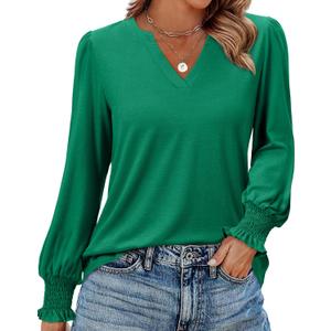 Uhiger Womens Tunic Tops Long Sleeve Blouses for Women Dressy Casual V Neck Tops Shirts Trendy with Smocked Cuffs (XX-Large, Deep Green)