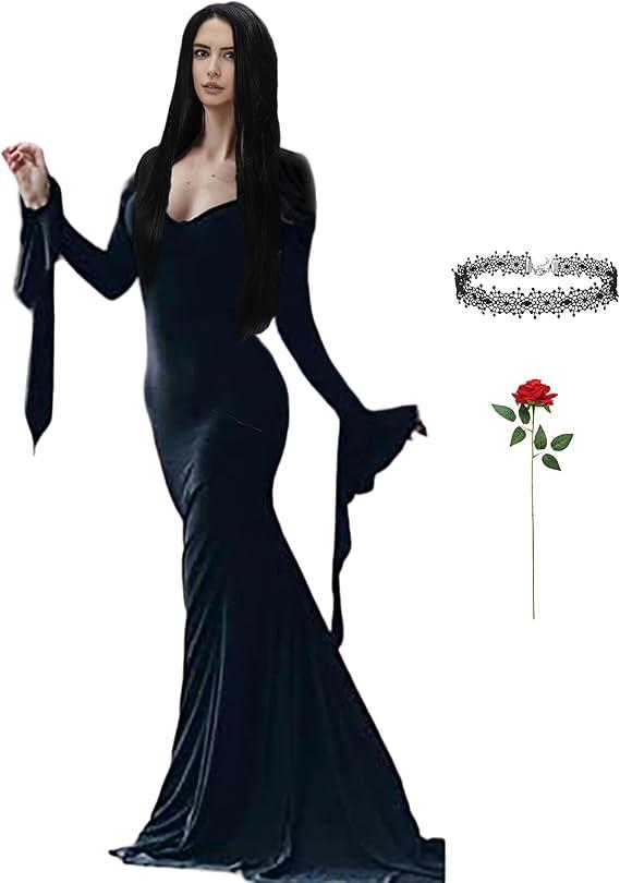 Halloween Costume Women with Wig Long Black Bodycon Gothic Dress with Necklace and Artificial Red Rose Accessories (M)