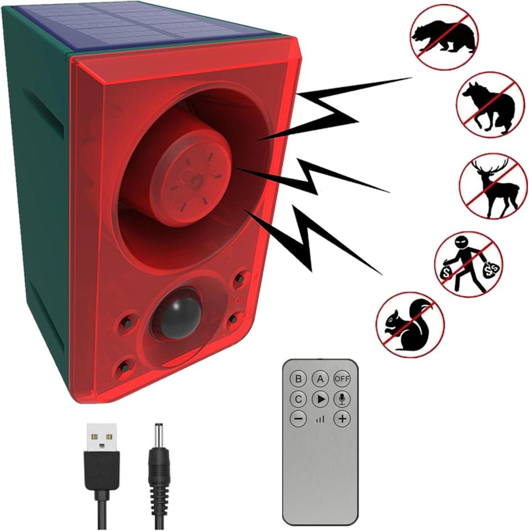 HULPPRE Solar Outdoor Motion Sensor Alarm-Dog Barking or Gunshot Sound, Support Recording&Volume,130db Loud Noise Maker,3 Work Modes Strobe Light with USB,Say Goodbye to The Intruders