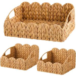 LemonRoad 3 Set Scalloped Wicker Baskets for Storage with Handles, Hand-woven Decorative Laundry Basket Water Hyacinth Rattan Container for Living Room, Book Shelves, Bedroom, Nursery Room