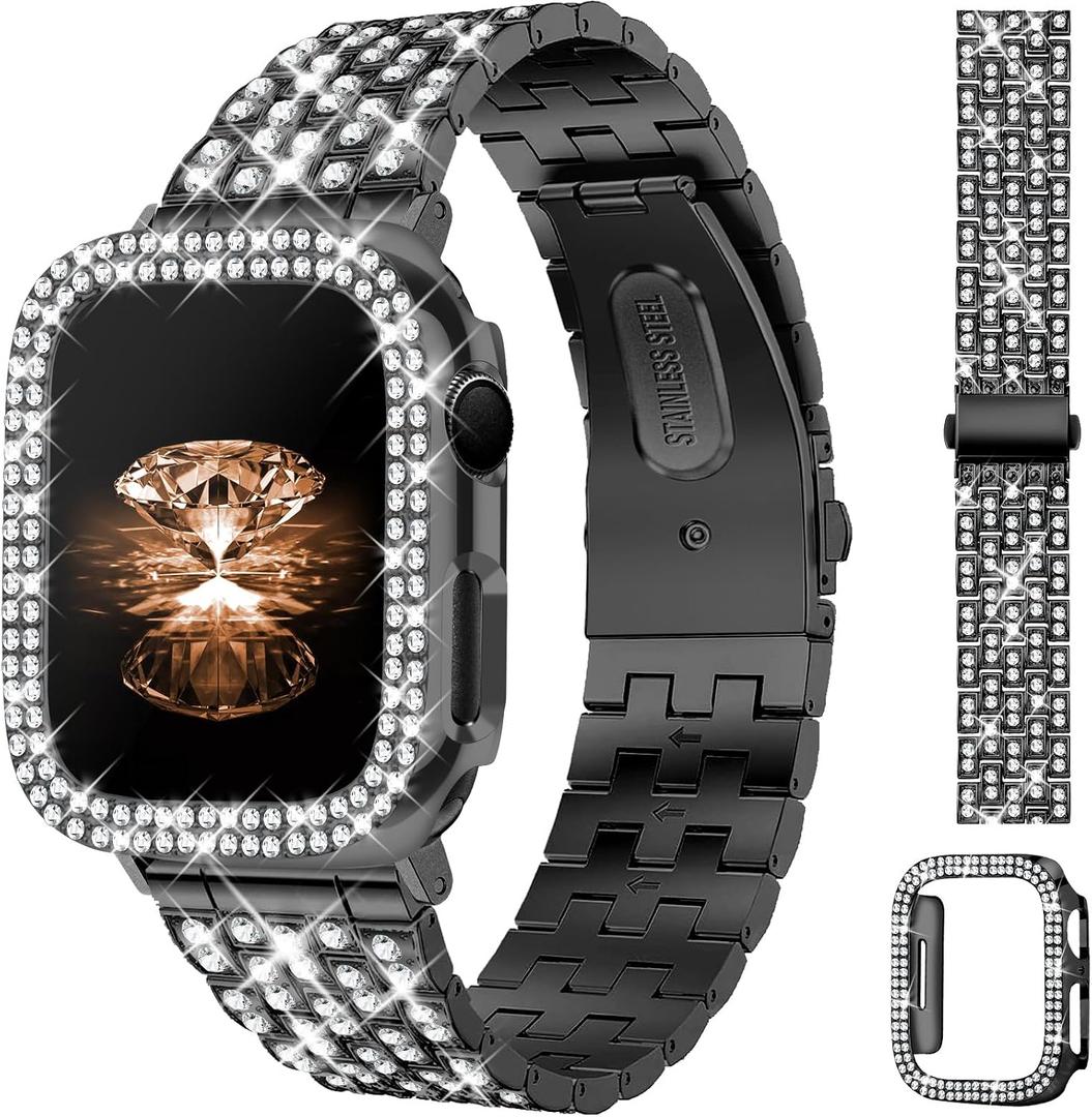 JR.DM Diamond Bands with Bling Case Women Compatible with Apple Watch 40mm 38mm 41mm 44mm 45mm 42mm 46mm 49mm Luxury Metal Bracelet Replacement Strap for iWatch Series 11/10/9/8/7/6/5/4 SE/Ultra 3/2/1