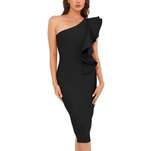 Womens Bodycon Midi Dresses Elegant One Shoulder Ruffle Bandage Wrap Dress Formal Cocktail Wedding Guest Dress (Small, Black)