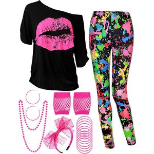 Blulu 80s Women Costume Set, Lips Print off Shoulder T-shirt, Geometric Legging Pants Earring Necklace Gloves Bracelet, L