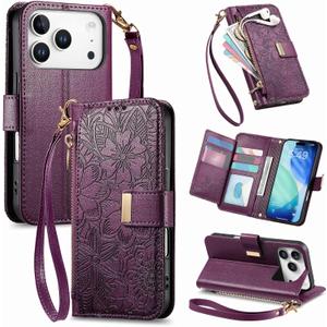 Cases for iPhone 17 Pro Wallet Case Flower for Women with Card Holder Retro Embossed Leaf PU Leather Zipper Flip Cover with Detachable Strap for Apple iPhone 17 Pro 6.3" Purple