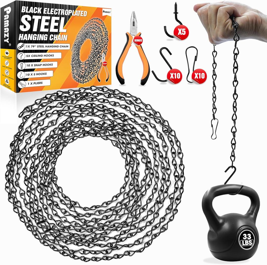 [Upgraded] 79 Black Electroplated Steel Hanging Chain with S-Hooks, Snap Hooks, Ceiling Hooks & Pliers, 33LBS Load Capacity, Adjustable Length for Hanging Bird Feeders, Planters, Lanterns, Billboards