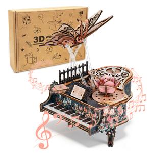 3D Wood Puzzles for Adults, Mechanical Music Box-Retro Flowers Piano Music Box, DIY Rotating Model Building Kits for Teens, DIY Crafts/Desk Decor Hobbies for Women Men