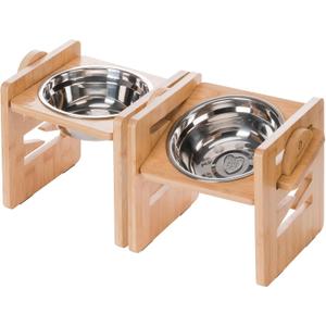 Elevated Dog Bowls, 6 Heights Adjustable Raised Dog Bowl 2.4-6.7, with Food Grade 304 Stainless Steel 15 OZ, Bamboo Dog Bowl Stand for Small & Medium Dogs Cats, 2 Pack