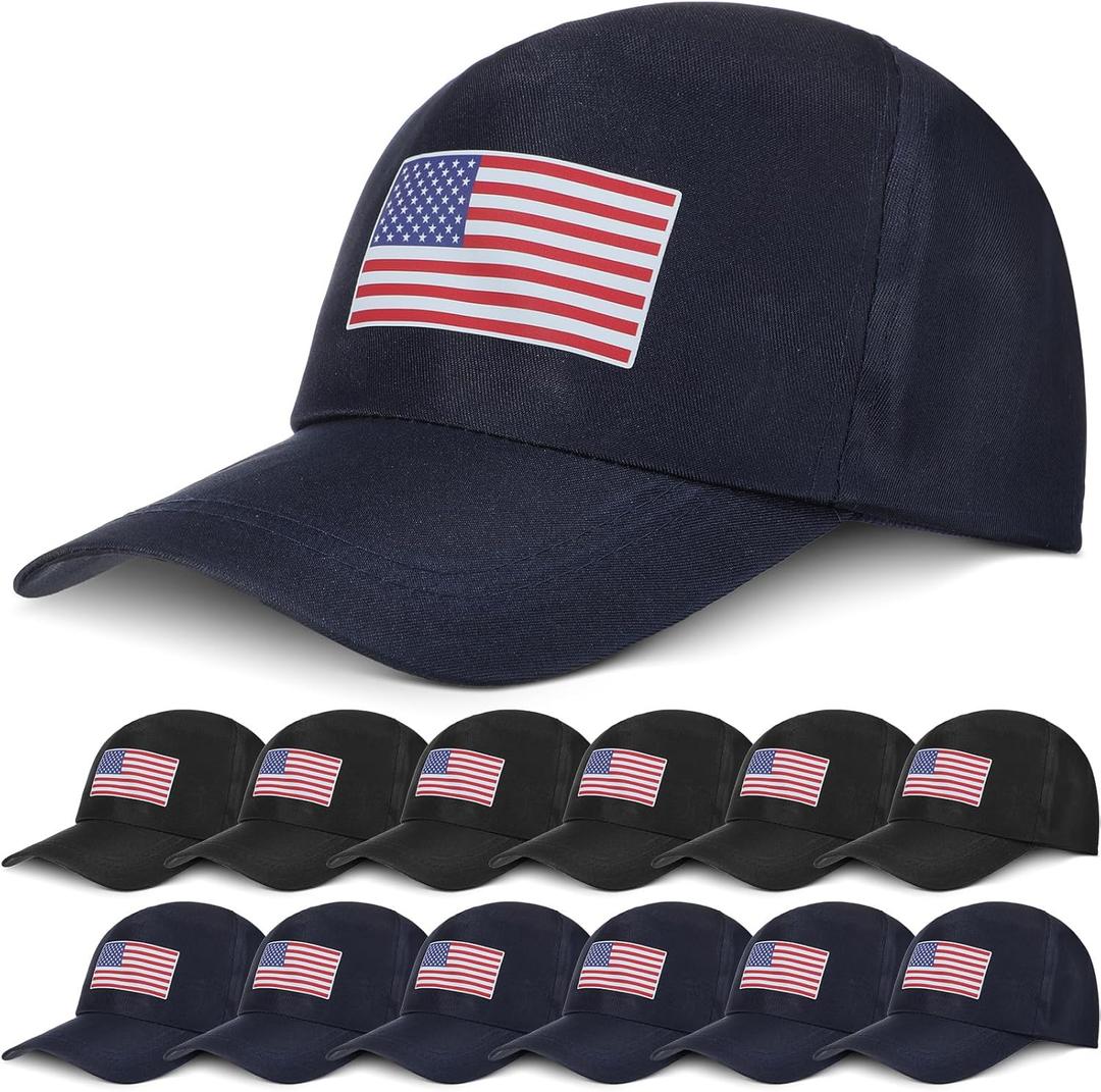 12 Pieces 4th of July Baseball Cap Patriotic American Flag Baseball Hats Bulk Adjustable USA Independence Day Baseball Cap USA Hat for Men Women Black, Navy Blue
