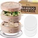 Bamboo Steamer 10 Inch 2 Tier Wooden Basket With Handle, Ring Adapter, Reusable Silicone Liner, Kit For Cooking Dumpling Baby Bao Bun, Dim Sum, Rice Potsticker Steaming Chinese Asian Food & Vegetables (3 Piece Set)