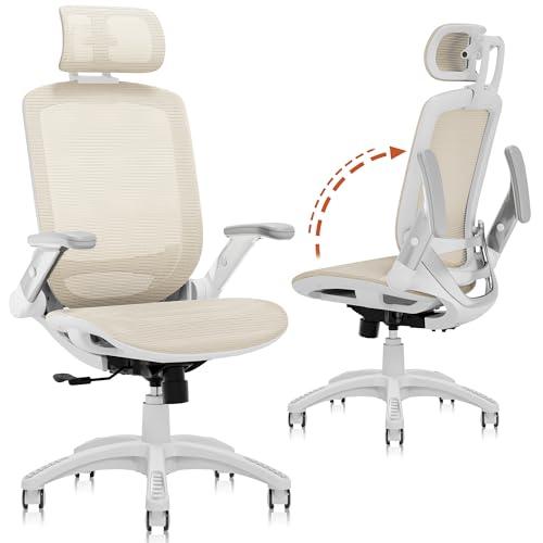 GABRYLLY Ergonomic Office Chair, High Back Home Desk Chair with Headrest, Flip-Up Arms, 90-120° Tilt Lock and Wide Cushion, 300LBS Mesh Chairs for Man Woman, White Task Chair(Beige,GY01WBG)