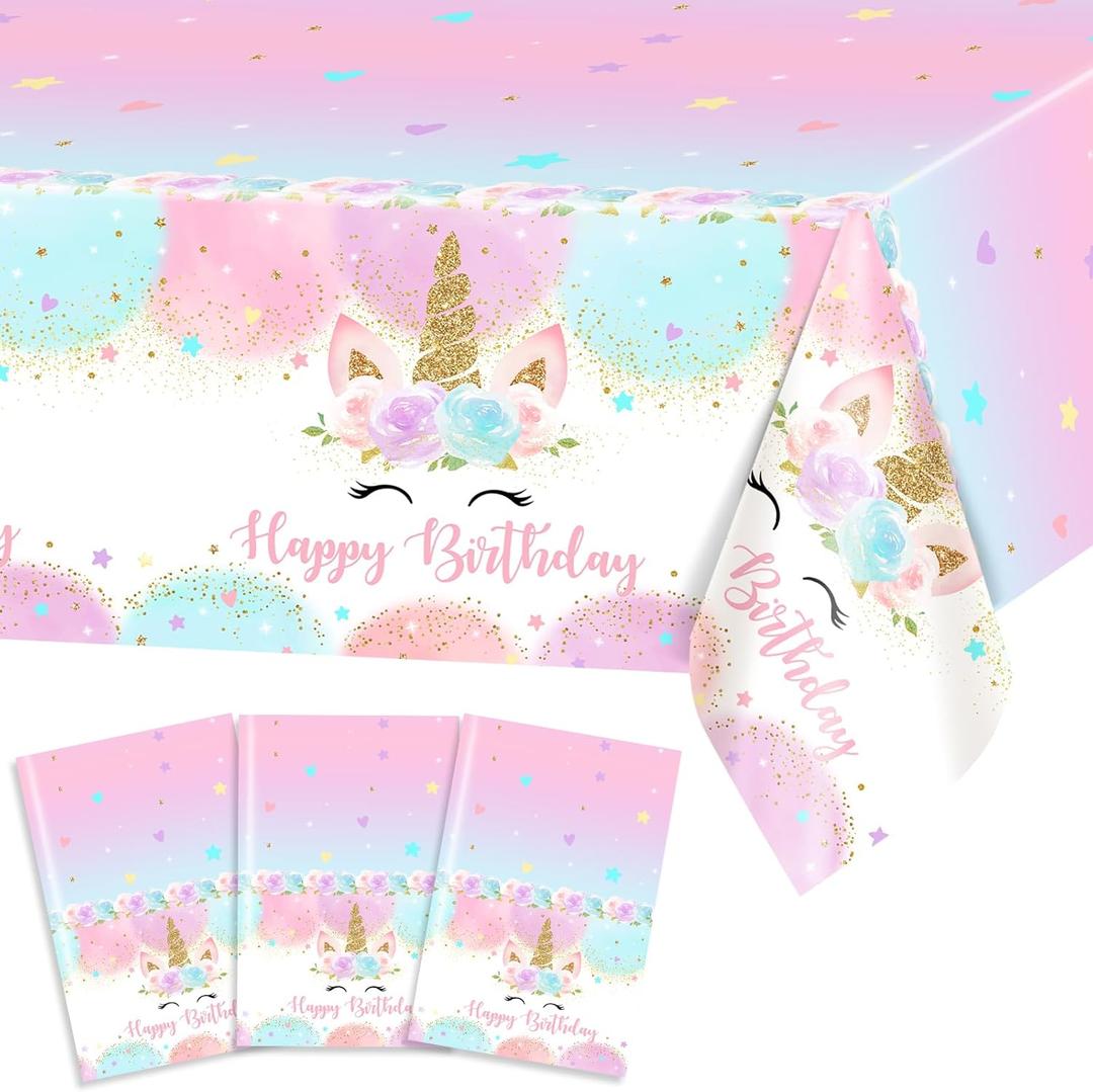 Avezano 3 pcs Unicorn Tablecloth 108 x 54 Unicorn Birthday Decorations for Girls Kids Pastel Rainbow Disposable Plastic Table Covers (Multi Color)