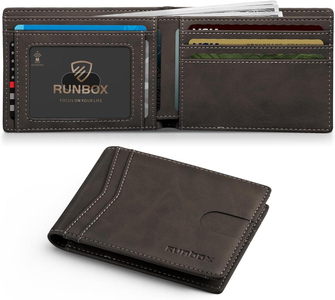 RUNBOX Wallet for Men Slim Leather Bifold RFID Blocking Minimalist Front Pocket Design with Gift Box (Bicolor Dark Brown(one-pocket))