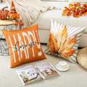 Artscope Fall Decorative Throw Pillow Covers 16x16 Inch Set of 4, Hello Happy Autumn Pumpkin Striped Maple Leaves Harvest Outdoor Farmhouse Pillow Cases for Home Sofa Couch-Orange D