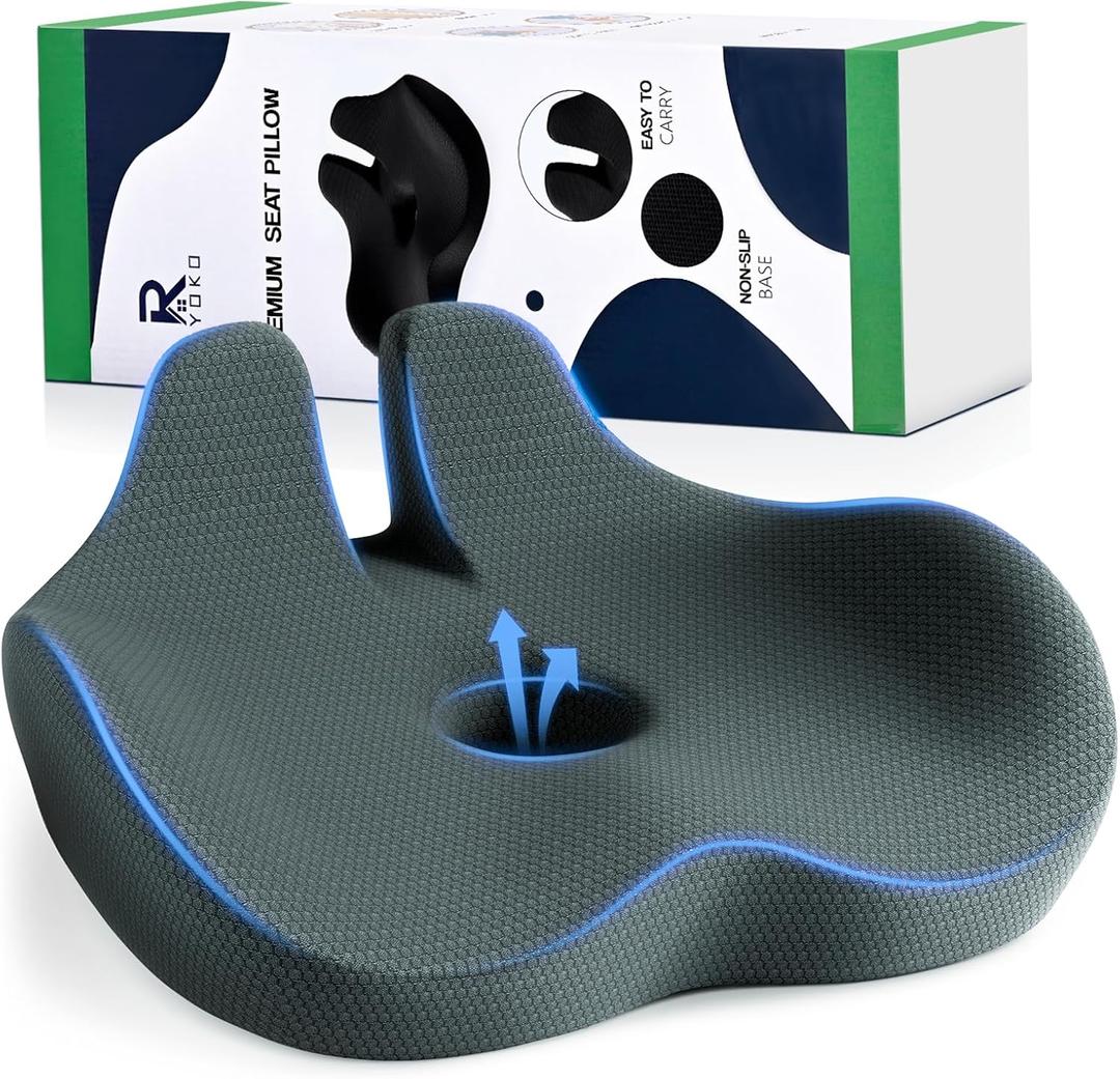 Ryoko Seat Cushion, X Large Memory Seat Cushion for Office Chairs, Car Seat, Airplane, Wheelchair, Pressure Relief Sciatica and Tailbone Pain Relief for Long Sitting Office Workers, Car Drivers