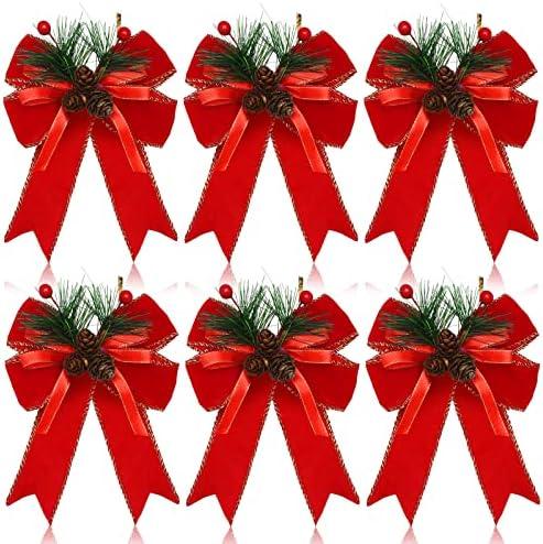 Syhood 6 Pcs Christmas Bows with Pine Cones Pine Needles Xmas Velvet Bows Red Ribbon Christmas Tree Wreath Decoration for Xmas Parties Indoor Outdoor Crafts DIY Decor