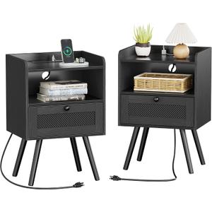 SUPERJARE Nightstands with Charging Station, Bedside Table Set of 2 with Texilene Surface Drawers, Rattan Side Table with Storage & Solid Wood Feet, End Table for Bedroom, All Black