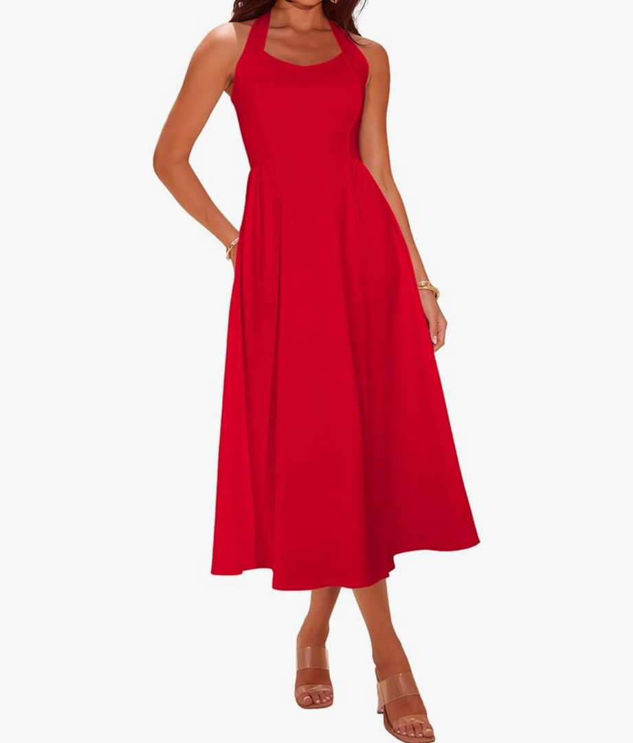 Women’s Halter Neck Midi Dress with Pocket Backless Tie Waist Sleeveless Summer Casual Dress, 2XL