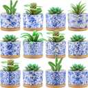 Maxdot 12 Pcs 3 Inch Ceramic Chinoiserie Succulent Pots Blue and White Mini Plant Cylinder Pots with Drainage Holes and Bamboo Trays for Indoor Plants Flowers Succulent Garden Decoration