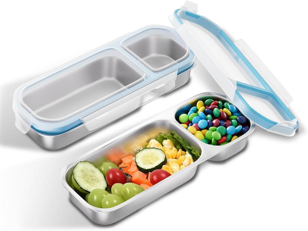 Bakpoco Stainless Steel Snack Containers, 2 Pack 2 Compartment Metal Snack Lunch Box Containers with Lid, Reusable Food Storage Container, Leak Proof, Grab and Go