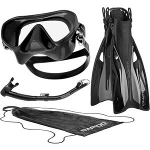 Italian Design Premium Tempered Glass Lens Anti-Fog Panoramic View Frameless Snorkel Mask, Elite Dry Snorkel Tube, Adjustable Fins - Mask Fin Snorkel Set (S/M, 6-9 / EU: 38-42, Noire)