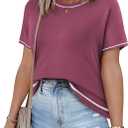 SHEWIN Womens Tops Trendy Short Sleeve Shirts Crewneck Lightweight Knit Sweater Top Business Casual Outfits (Medium, Valerian)