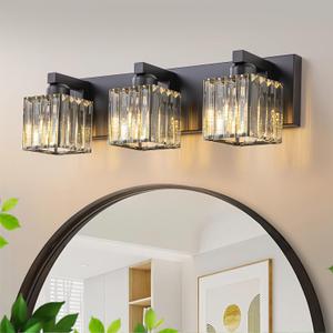 Black Vanity Light, 19.7" Modern Crystal Bathroom Light Fixtures Over Mirror 3-Light Bathroom Vanity Light