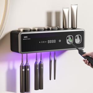 Toothbrush Holders for Bathrooms,Electric Toothbrush Holder Wall Mounted - 6 Brush/3 Cup,Automatic Toothpaste Dispenser & Hot Dry,Smart Cleaning,Bathroom Storage Upgrade (Black)