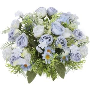 3 Pack Artificial Flowers Bouquet Fake Flowers Plants Blue Faux Flower Arrangements for Wedding Home Centerpieces Decor