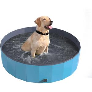 Portable Dog Pool for Large Dogs - Foldable Plastic Bathing Tub with Drain and Carrying Bag for Pets and Backyard Play with Kids by PETMAKER (Blue)