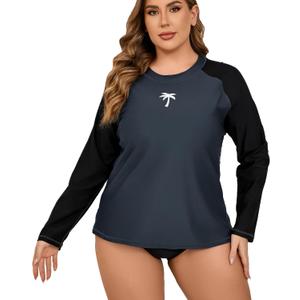 Halcurt Womens Plus Size Long Sleeve Rash Guard Swim Shirt with Built in Bra Loose Fit UPF50+ Swimsuit Top (3X, Gray Black)