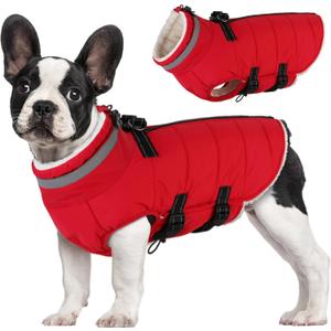 Mklhgty Small Dog Coat with Harness Built-in, Waterproof Reflective Fleece Lined - Warm Windproof Winter Jacket with Back Zipper, Cold Weather Snow Dog Coats - Red - XS