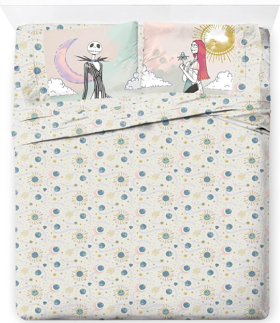 Jay Franco Sheet Set with Fitted, Flat Sheets & Pillow Cover - Ultra-Soft Bedding with Pillowcase for Room Decor, Beige - Nightmare Before Christmas, 4 Piece Queen