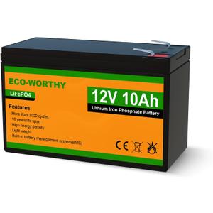 ECO-WORTHY 12V 10Ah Lithium LiFePO4 Deep Cycle Battery with 3000+ Cycles, Built-in BMS, Perfect for Fishfinder, Lighting, Power Wheels, Lawn Mower, Back Up Power