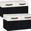 DULLEMELO Fabric Storage Bins for Shelves, Cube Storage Organizer Bins with PU Handles, Set of 4 Decorative Collapsible Storage Bins for Cube Storage,White&Black (12"-4 pack)