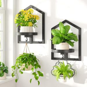 LASZOLA 2 Pcs Black Wall Mount Plant Shelves with Hangers for Indoor Flower, Heavy Duty Metal Window Floating Planter Holders Stand, Iron Modern Picture Frame Decorative for Bathroom Kitchen with Hook (Pentagon 2 Pack)