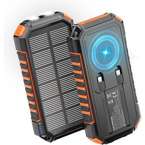Riapow Solar Charger Power Bank: 27000mAh Wireless Portable Charger Built-in Cables - 22.5W Fast Charging Battery Bank with USB C - PD QC3.0 External Battery Pack for Phone - 2 Flashlights for Outdoor