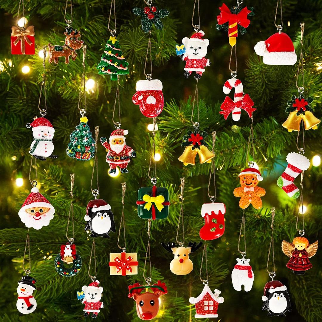 Garma 36PCS Mini Resin Christmas Ornaments Tiny Christmas Tree Decorations Set Comes with String Small Christmas Hanging Ornament for Christmas Tree Decorations