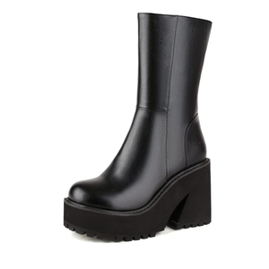 femflame Women's Platform Boots Chunky High Heel Lace-up Mid Calf Boots Round Toe Black Punk Goth Shoes Autumn Winter Combat Boots, Size 6