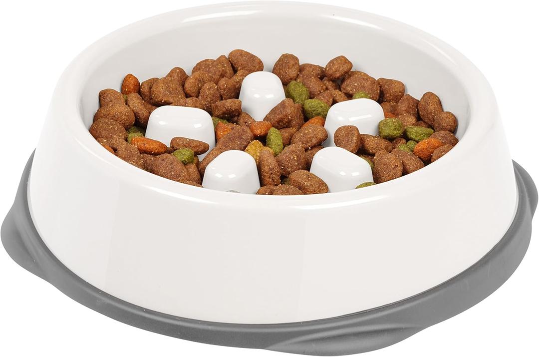 IRIS USA 2-Cup Slow Feeder Bowl, Anti-Choking & Anti-Slip Puzzle Dish for Healthy Digestion, Short Snout Dogs & Cats, BPA & PVC-Free, White/Gray