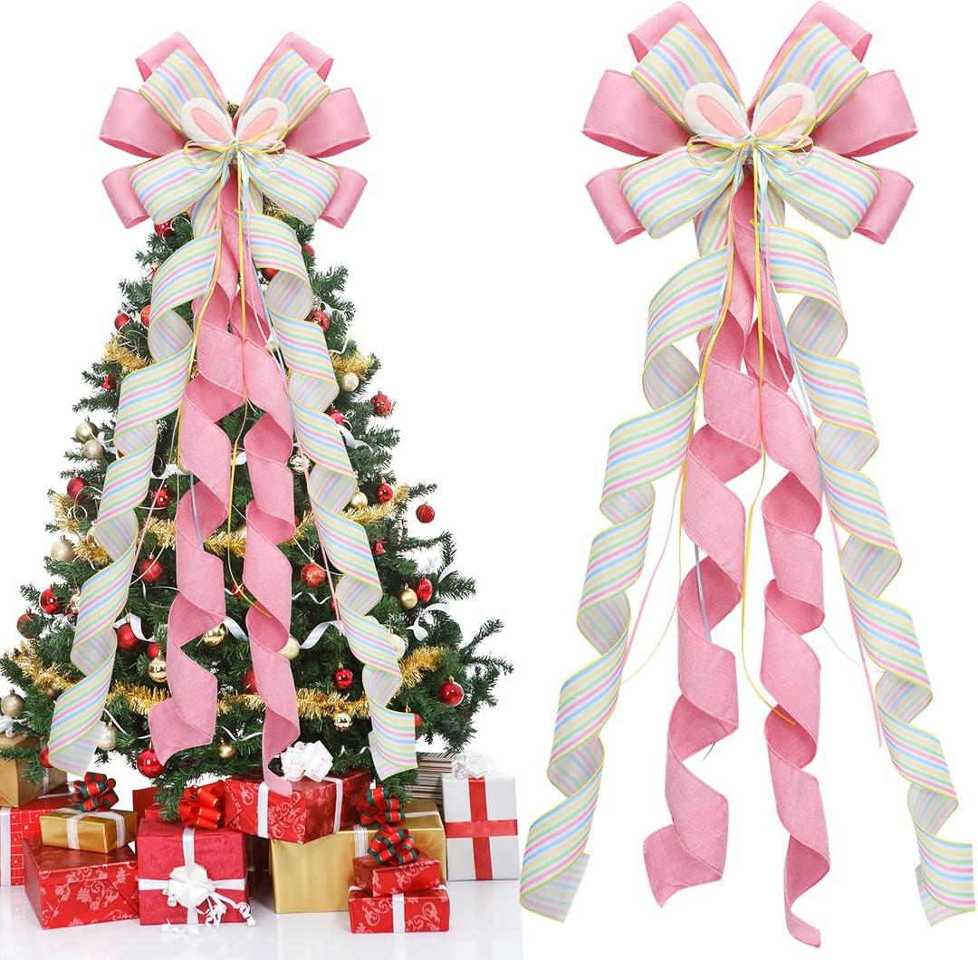 Riceshoot Extra Large Easter Tree Topper Bow, 53x13 Inches Pink Spring Bows for Wreaths with Bunny Ears Easter Tree Decorations Pink Burlap Bow for Spring Easter Home Indoor Outdoor Decor(Easter)
