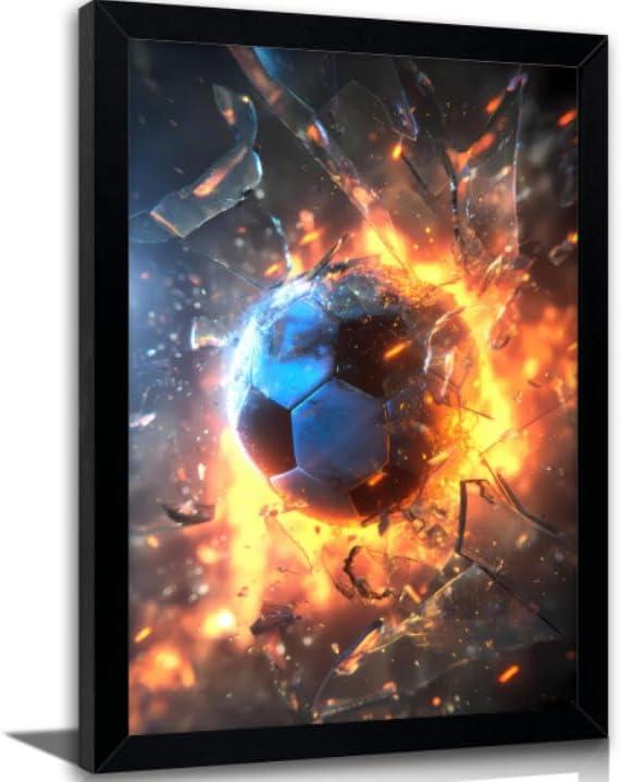 Framed Exploding Soccer Ball Wall Art, Fire and Ice Sports Wall Decor, Dynamic Soccer Poster Artwork, Minimalist Modern Football Canvas Prints for Boys Bedroom Bar, 16"L x 24"W