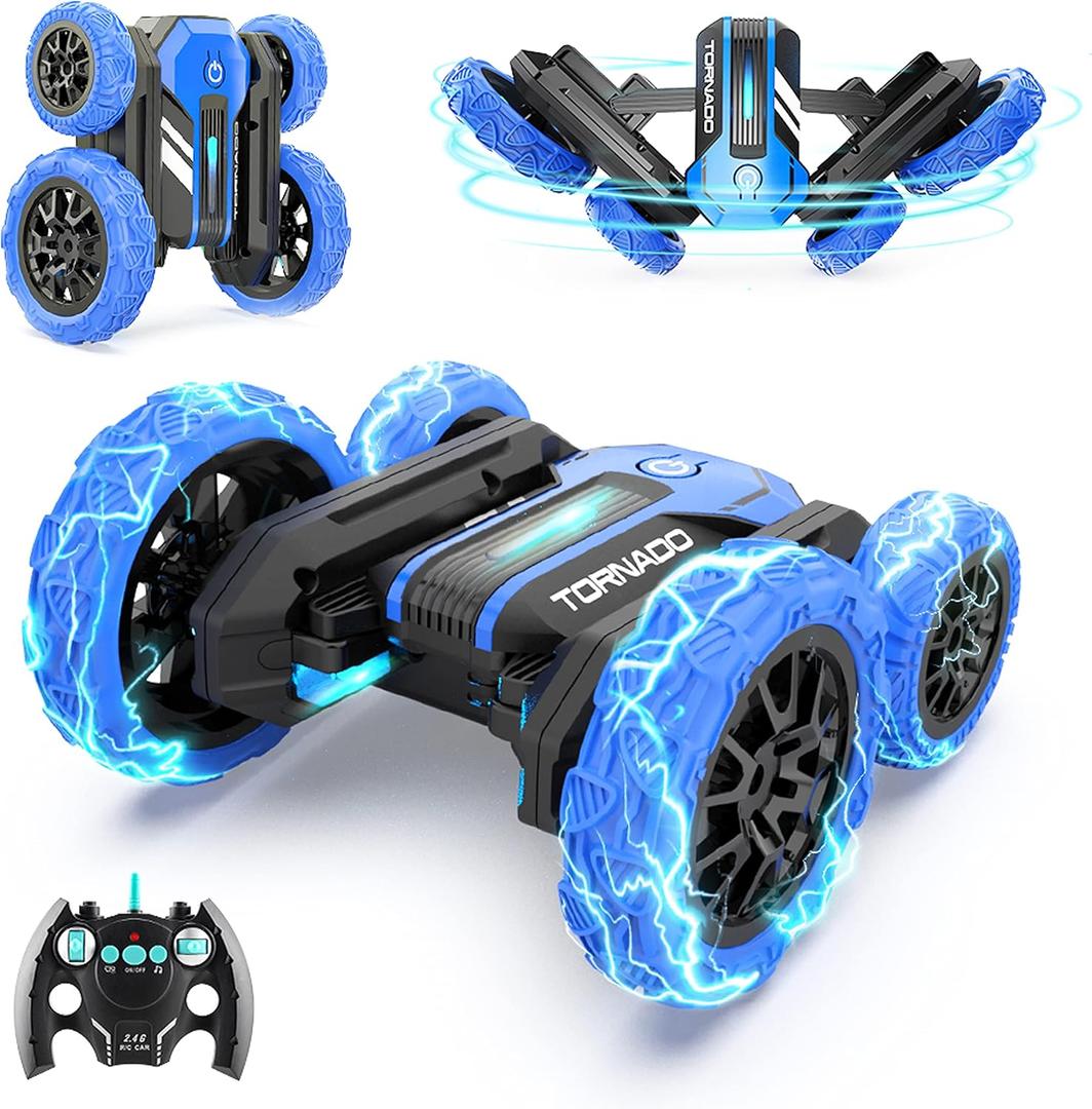 BEZGAR TD202 Remote Control Car - Double Sided RC Stunt Car,360 Flip Spinning RC Cars with Bright Lights,Outdoor All Terrain Rechargeable Electric Car,Fun Toy Cars Gifts for Boys,Girls Kids&Adults (Blue)