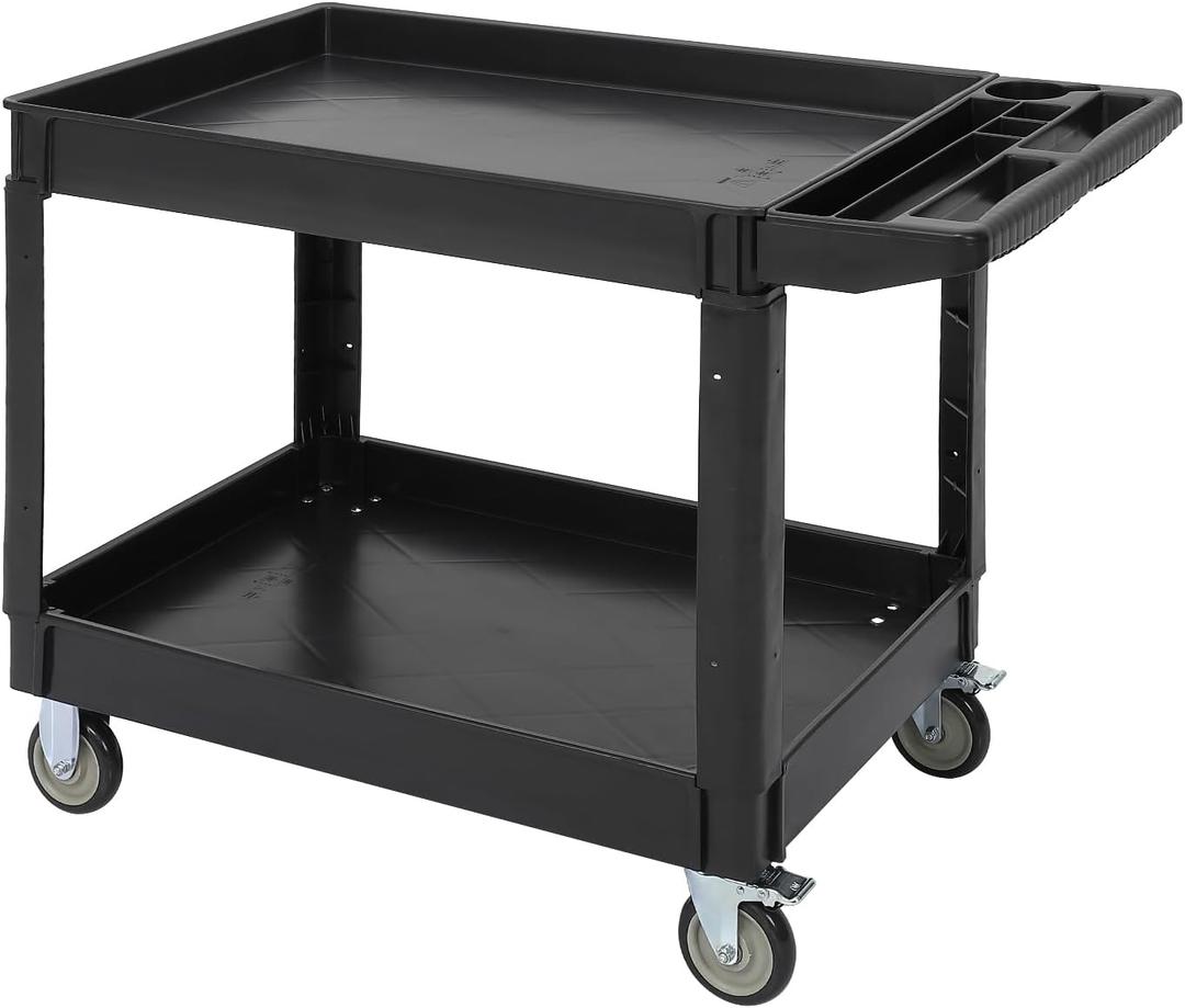 Utility Service Cart 2-Shelf 500 Lbs Capacity, Heavy Duty Rolling Cart with Two Trays and Brake Wheel for Warehouse, Garage, Cleaning, Manufacturing, Storage Handle, 45"X25" Black
