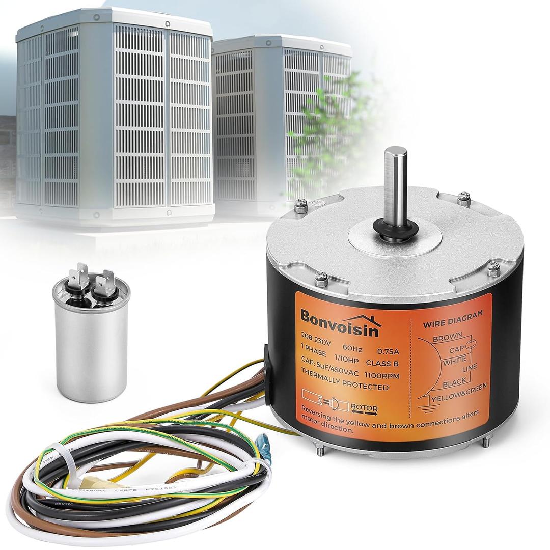 Bonvoisin Condenser Fan Motor 1/10 HP, 1100 RPM, AC Replacement Condenser Fan Motor with Capacitor for Genteq Bryant Payne Dayton, CCW/CW Reversible Rotation, 208-230V