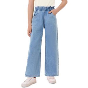 Haloumoning Girls Cute Wide Leg Flared Jeans Kids Oversized Elastic Waist Paper Bag Pants with Pockets, Wash Blue, 150