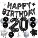 32 Inch 20 Balloon Number, Happy Birthday Balloons Banner 16 Inch Foil Letters Balloon Silver and Black Star Balloons for 20th Birthday Decorations for Boys Black Party Decorations